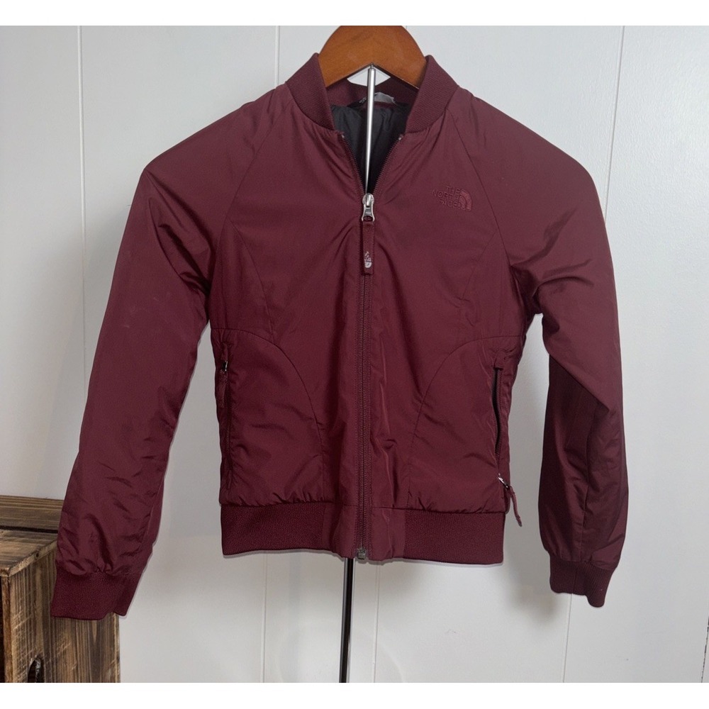 The North Face Burgundy Full Zip Lined Bomber Jacket Pockets Youth Size 7/8